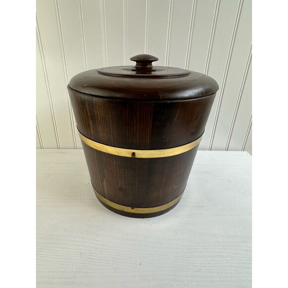 Vintage Wooden Ice Bucket Cooler With lid Brown Barware 9" - Picture 1 of 8